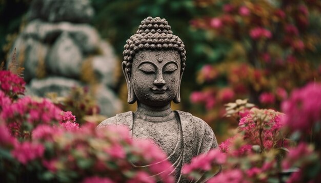 Boeddhabeeld mediteert tussen roze bloemen in bos gegenereerd door AI