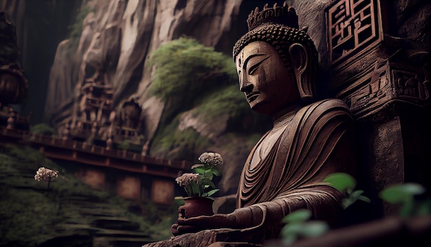 Boeddhistische sculptuur in rustige scène oude architectuur meditatie generatieve AI