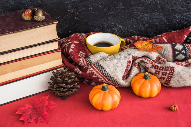 Boeken en herfstsymbolen dichtbij deken en mok