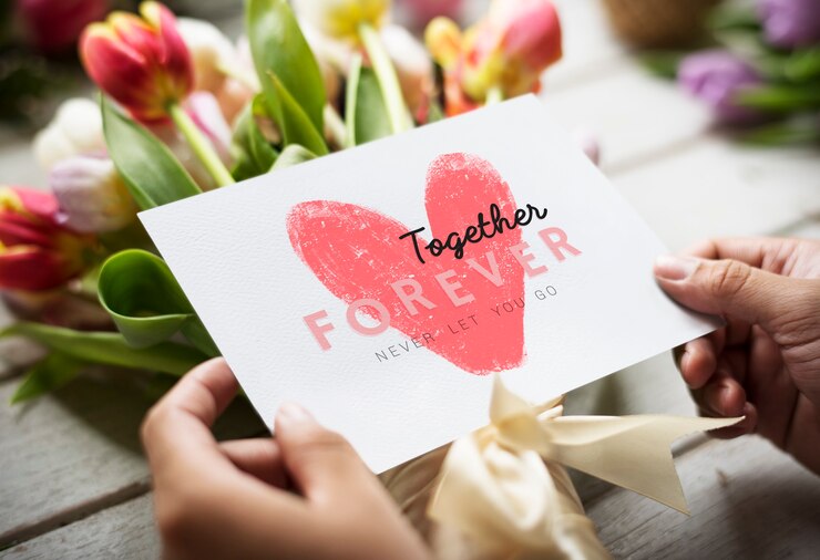 Gratis Foto boeket bloemen met een together forever kaart