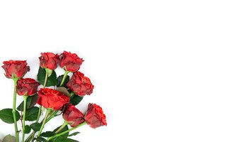 Boeket van rode rozen op een witte achtergrond plat leggen kopie ruimte