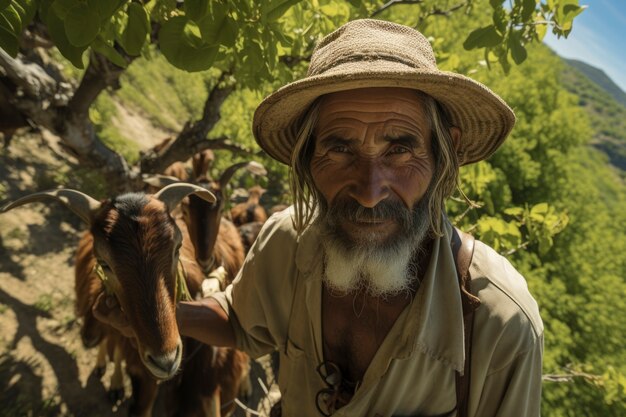 Gratis foto boer die voor een fotorealistische geitenboerderij zorgt