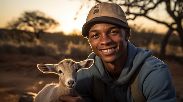 Gratis foto boer die voor een fotorealistische geitenboerderij zorgt