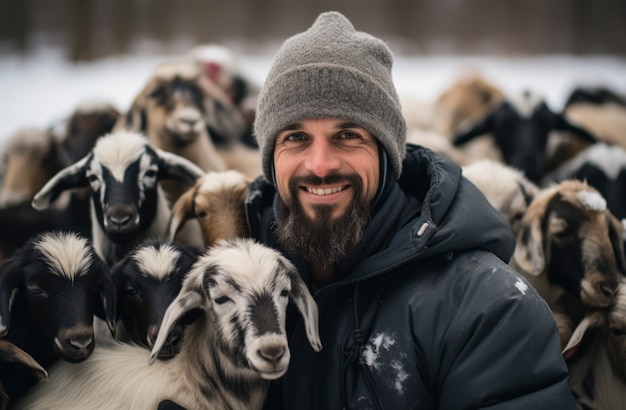 Gratis foto boer die voor een geitenboerderij zorgt