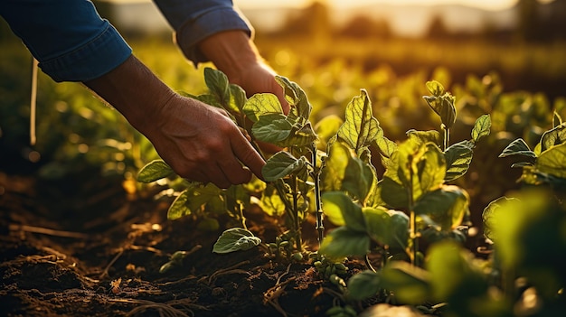 Boer werkt aan een kleine plant die bij zonsondergang in het veld groeit