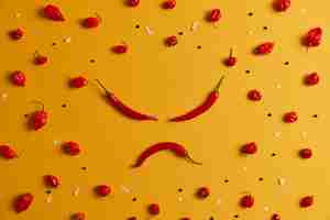 Gratis foto boos menselijk gezicht gemaakt van rode chili peper, andere paprika's gerangschikt op gele achtergrond. pittige groente die een branderig gevoel kan veroorzaken en gezondheidsproblemen kan veroorzaken, heeft een eigen specifieke smaak
