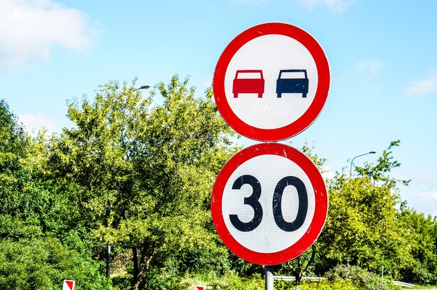 Bord met maximumsnelheid van dertig en niet inhalen tegen groene bomen