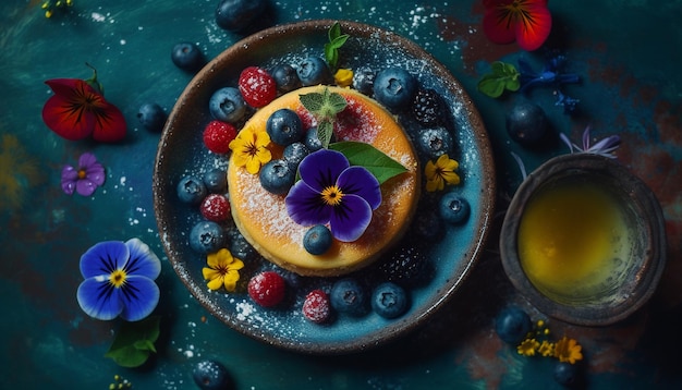 Gratis foto bosbessenpannenkoek met decoratie van vers fruit en honing-generatieve ai