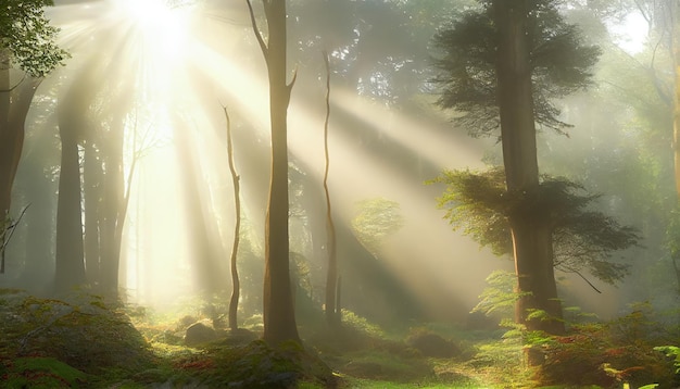 Bosmysterie vastgelegd in de vroege ochtend, rustige mist, generatieve AI
