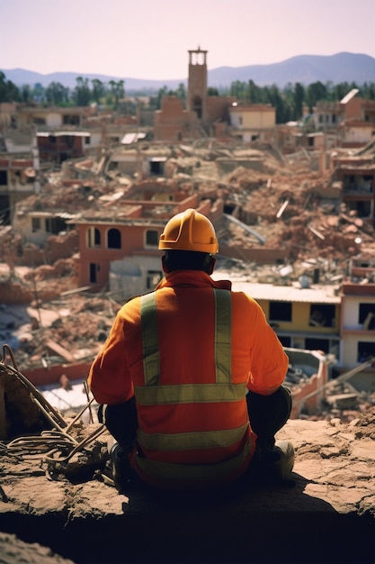 Bouwer in een verwoeste stad na aardbeving
