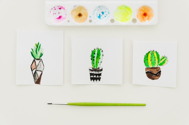 Bovenaanzicht aquarel cactus tekeningen