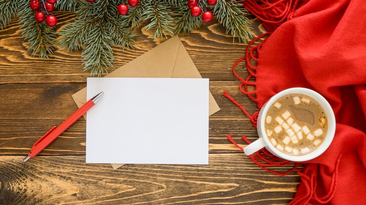 Gratis Foto bovenaanzicht briefpapier lege papieren en hete thee op rode sjaal
