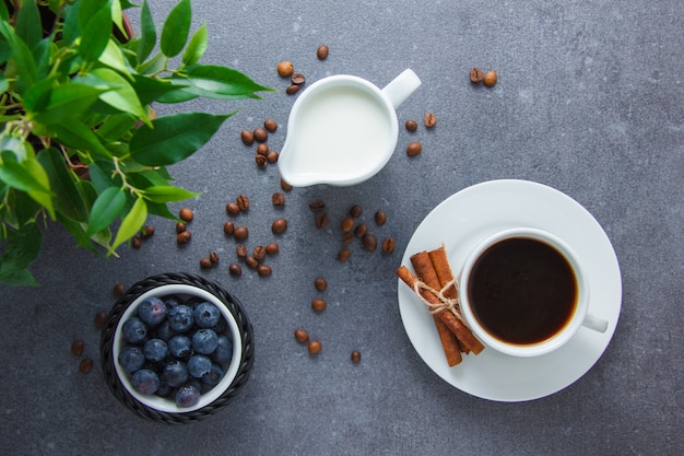 Bovenaanzicht een kopje koffie met bosbessen, droge kaneel, plant, melk op grijze ondergrond. horizontaal