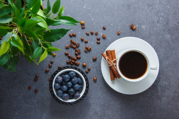 Bovenaanzicht een kopje koffie met bosbessen, droge kaneel, plant op grijze ondergrond. horizontaal