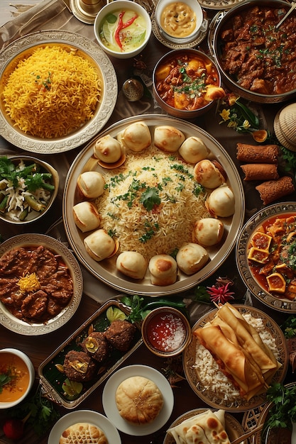 Bovenaanzicht eid al-fitr-feest met heerlijk eten
