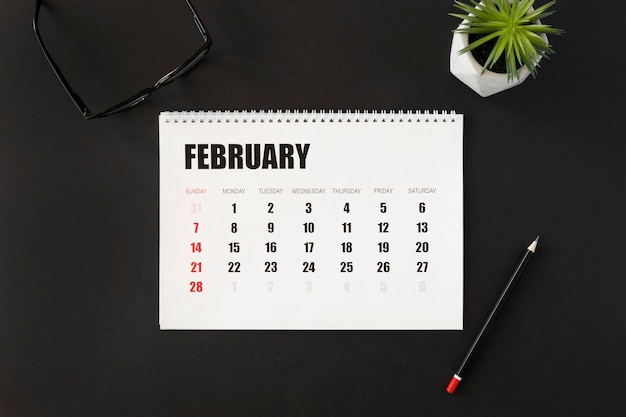 Bovenaanzicht februari maand planner kalender