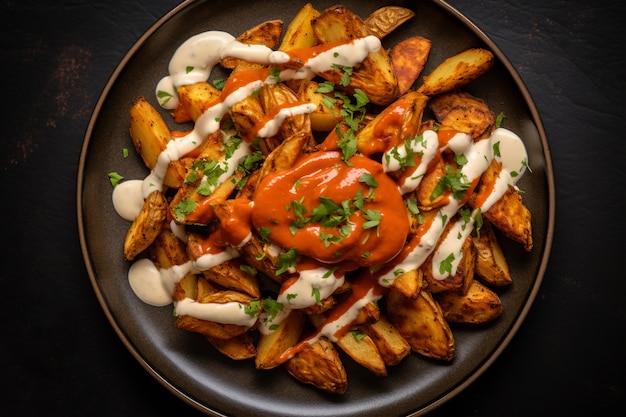 Bovenaanzicht heerlijke frietjes op tafel