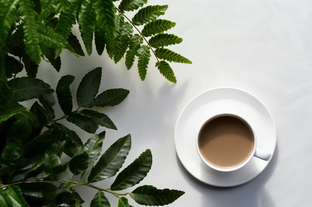 Bovenaanzicht heerlijke koffiekopje met planten