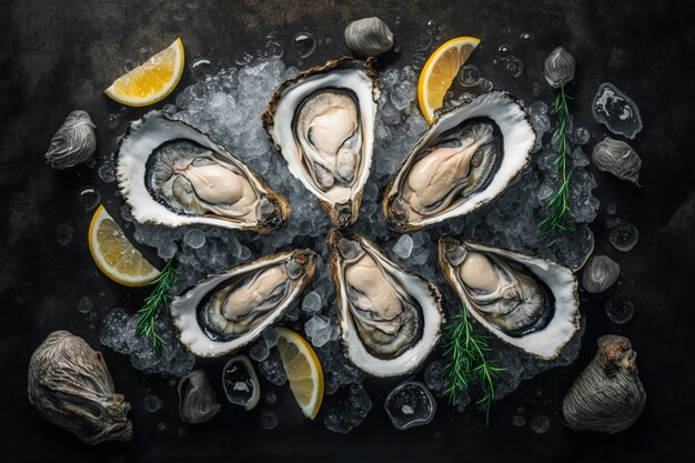 Bovenaanzicht heerlijke oesters op ijs