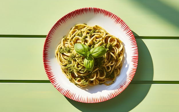 Bovenaanzicht heerlijke pesto pasta op bord