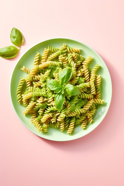 Bovenaanzicht heerlijke pesto pasta op bord