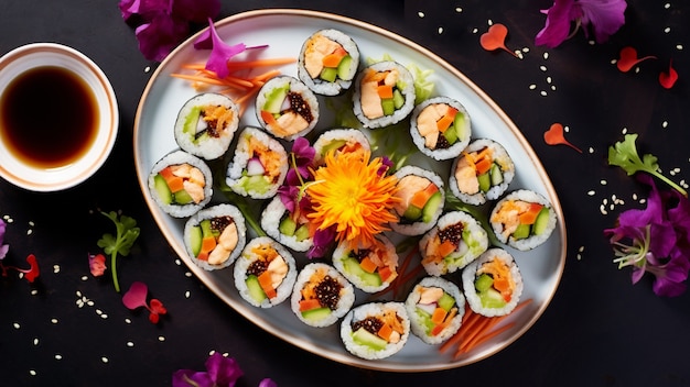 Bovenaanzicht heerlijke sushi op tafel