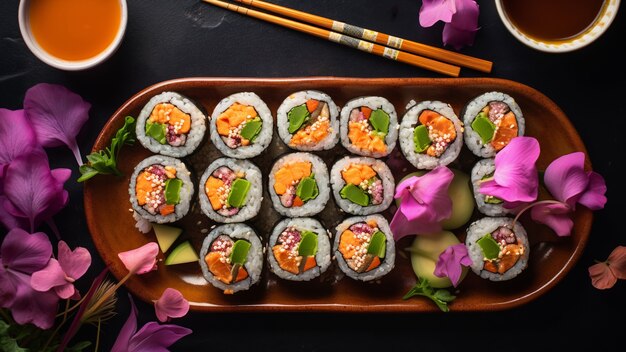 Bovenaanzicht heerlijke sushi op tafel