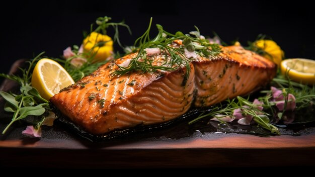 Bovenaanzicht heerlijke zalm op tafel