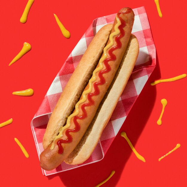Bovenaanzicht hotdog op servet