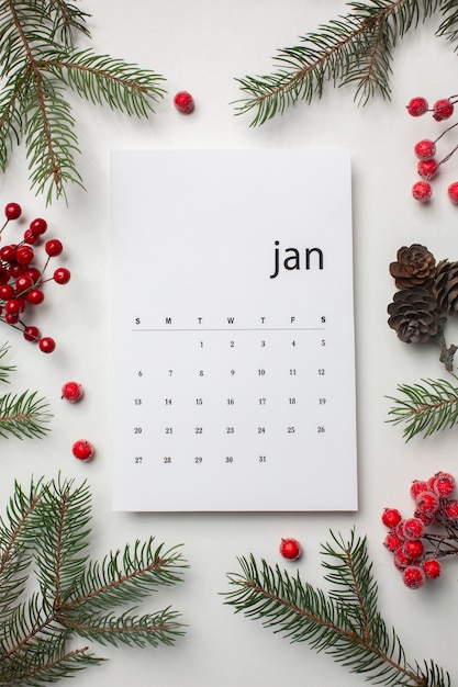 Bovenaanzicht januari kalender en takken