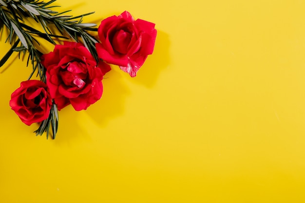 Bovenaanzicht kopie ruimte rozemarijn takken met roze rozen op een gele achtergrond