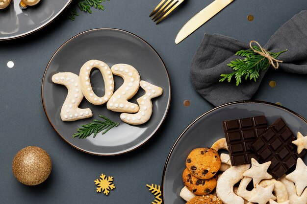 Bovenaanzicht lekker eten en decoraties