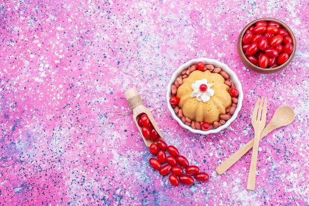 Bovenaanzicht lekkere gewone cake met room en verse pinda's samen met verse rode kornoeljes op het heldere licht bureau cake biscuit zoete noot