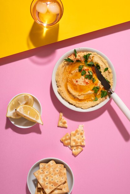 Bovenaanzicht lekkere hummus met crackers