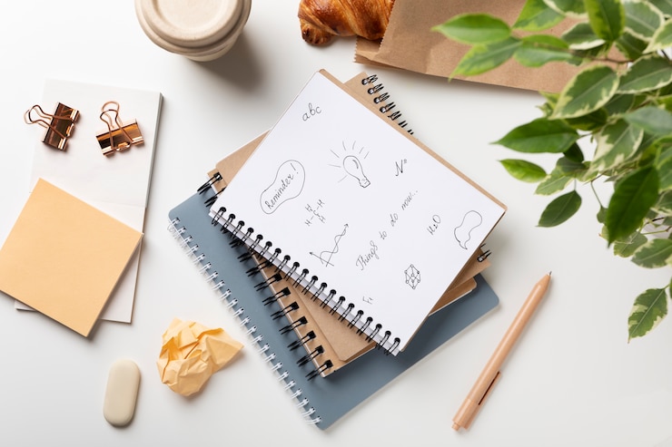 Gratis Foto bovenaanzicht notitieboekjes en plantindeling