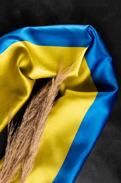 Bovenaanzicht Oekraïense vlag en granen stilleven
