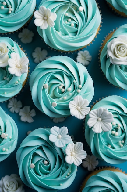 Gratis foto bovenaanzicht op heerlijke blauwe cupcakes