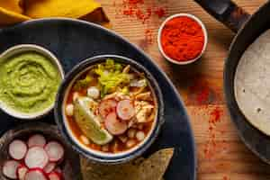 Gratis foto bovenaanzicht op smakelijke pozole bowl