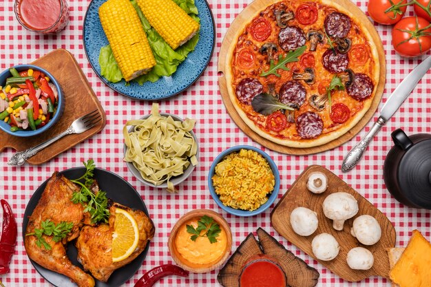 Bovenaanzicht op tafel vol eten