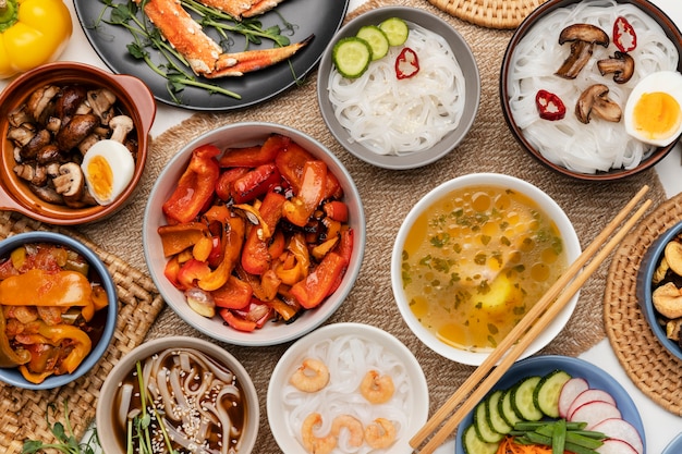 Bovenaanzicht op tafel vol eten