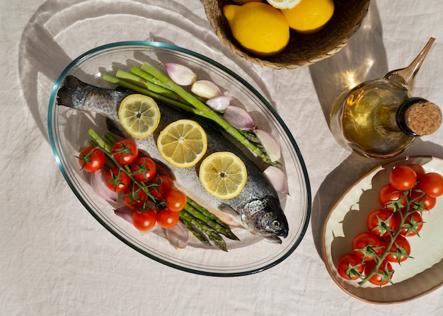 Gratis foto bovenaanzicht rauwe forel stilleven