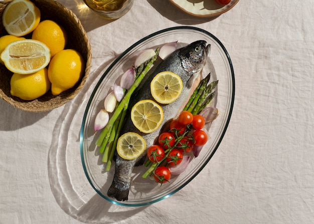 Gratis foto bovenaanzicht rauwe forel stilleven