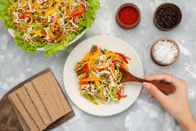 Bovenaanzicht smakelijke groente salade met gesneden groenten binnen plaat met kruiden op grijze, plantaardige salade maaltijd