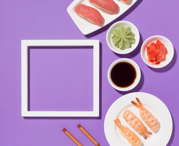 Bovenaanzicht sushi dag concept met frame
