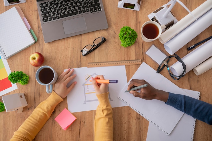 Gratis Foto bovenaanzicht teamwerk voor project