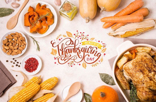 Bovenaanzicht Thanksgiving Day met heerlijk eten