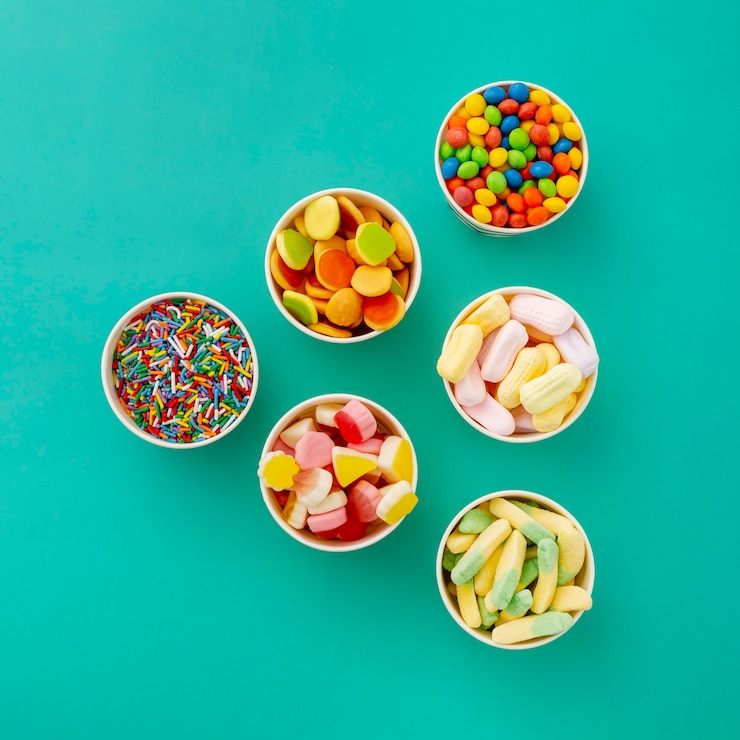 Gratis Foto bovenaanzicht van assortiment snoep in bekers