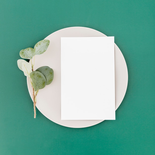 Bovenaanzicht van blanco menu papier op plaat met plant