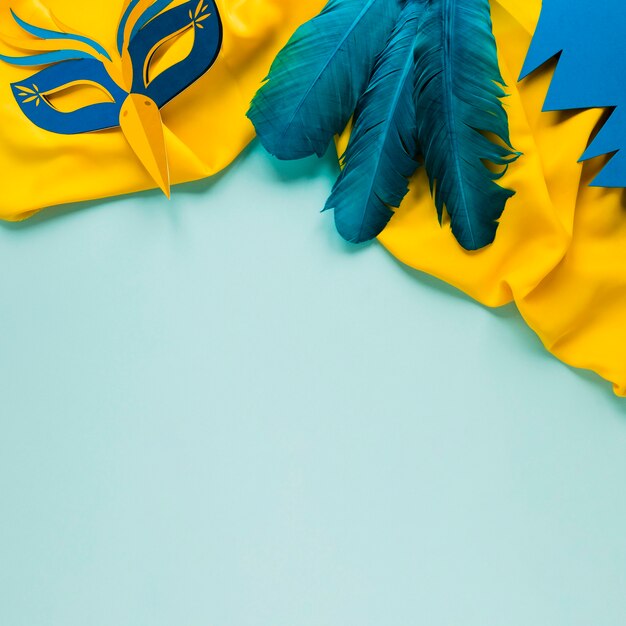 Bovenaanzicht van carnaval masker en veren