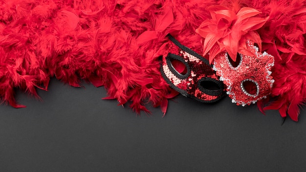 Bovenaanzicht van carnaval maskers met veren